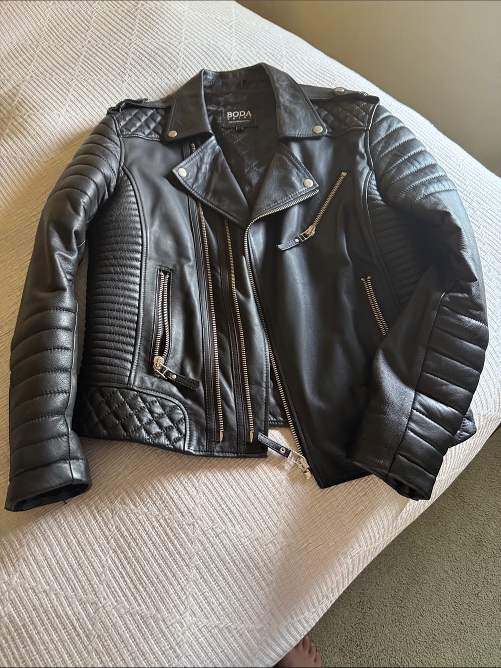 BODA Black Quilted Moto-Style Leather Jacket